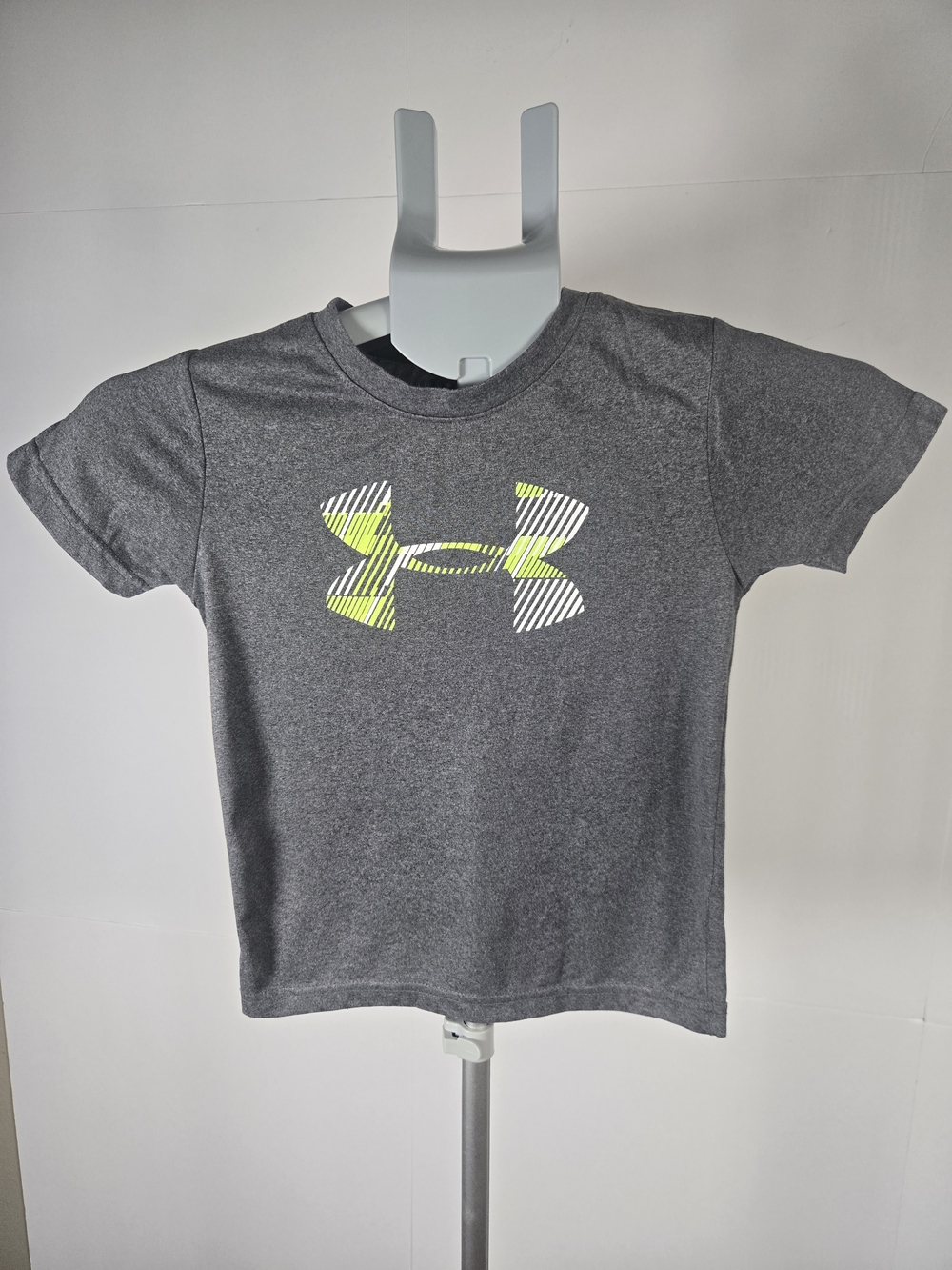 Under Armour Kids Gray Heather Short Sleeve Tee with Neon Yellow Logo